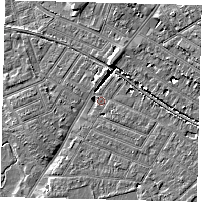 Shaded relief map of the ground around SW179DJ, computed from Environment Agency LiDAR. The ground here sits at about 15 m above sea level and falls 11 m across the surrounding 800 m. Surface water reaching this point runs off ground lying to the south-east, 2.3 m higher.