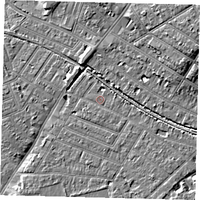 Shaded relief map of the ground around SW179DL, computed from Environment Agency LiDAR. The ground here sits at about 15 m above sea level and falls 11 m across the surrounding 800 m. Surface water reaching this point runs off ground lying to the south-east, 2.5 m higher.