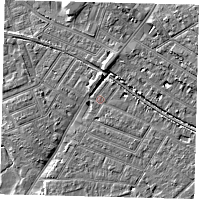 Shaded relief map of the ground around SW179DQ, computed from Environment Agency LiDAR. The ground here sits at about 15 m above sea level and falls 12 m across the surrounding 800 m. Surface water reaching this point runs off ground lying to the south-east, 2.4 m higher.