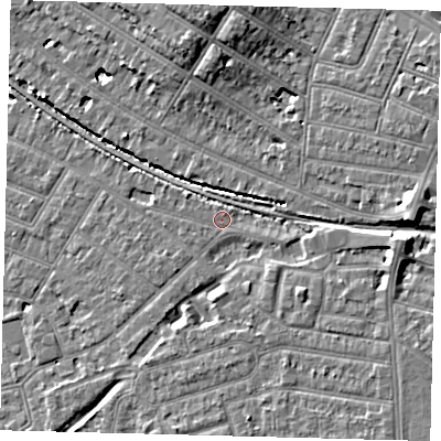 Shaded relief map of the ground around SW179DT, computed from Environment Agency LiDAR. The ground here sits at about 16 m above sea level and falls 11 m across the surrounding 800 m. Surface water reaching this point runs off ground lying to the east, 5.9 m higher.