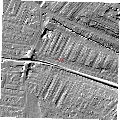 Shaded relief map of the ground around SW179EE, computed from Environment Agency LiDAR. The ground here sits at about 18 m above sea level and falls 20 m across the surrounding 800 m. Surface water reaching this point runs off ground lying to the east-south-east, 6.4 m higher.