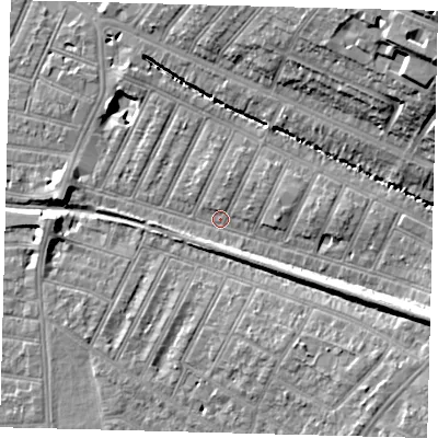 Shaded relief map of the ground around SW179EF, computed from Environment Agency LiDAR. The ground here sits at about 18 m above sea level and falls 21 m across the surrounding 800 m. Surface water reaching this point runs off ground lying to the east-south-east, 8.2 m higher.