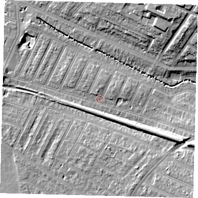 Shaded relief map of the ground around SW179EJ, computed from Environment Agency LiDAR. The ground here sits at about 19 m above sea level and falls 22 m across the surrounding 800 m. Surface water reaching this point runs off ground lying to the east-south-east, 8.8 m higher.