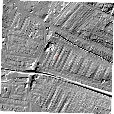 Shaded relief map of the ground around SW179JL, computed from Environment Agency LiDAR. The ground here sits at about 19 m above sea level and falls 22 m across the surrounding 800 m. Surface water reaching this point runs off ground lying to the west-south-west, 1.1 m higher.