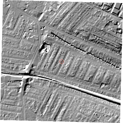 Shaded relief map of the ground around SW179JN, computed from Environment Agency LiDAR. The ground here sits at about 19 m above sea level and falls 22 m across the surrounding 800 m. Surface water reaching this point runs off ground lying to the west, 0.9 m higher.