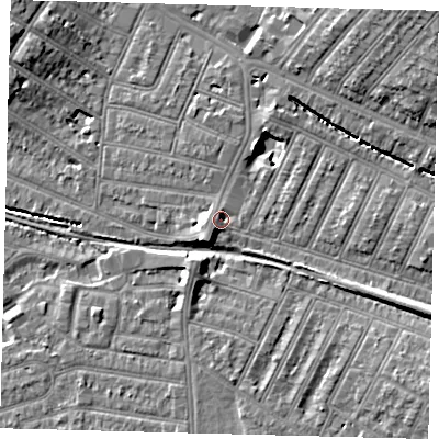 Shaded relief map of the ground around SW179JP, computed from Environment Agency LiDAR. The ground here sits at about 19 m above sea level and falls 16 m across the surrounding 800 m. Surface water reaching this point runs off ground lying to the south-west, 3.4 m higher.