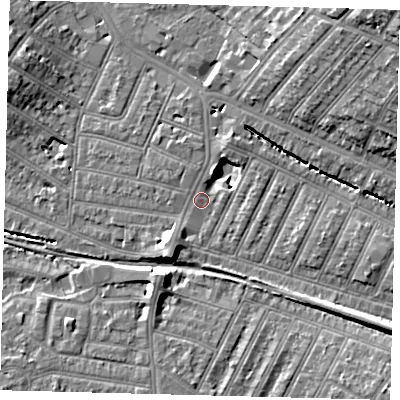 Shaded relief map of the ground around SW179JQ, computed from Environment Agency LiDAR. The ground here sits at about 19 m above sea level and falls 21 m across the surrounding 800 m. Surface water reaching this point runs off ground lying to the south-east, 6.6 m higher.