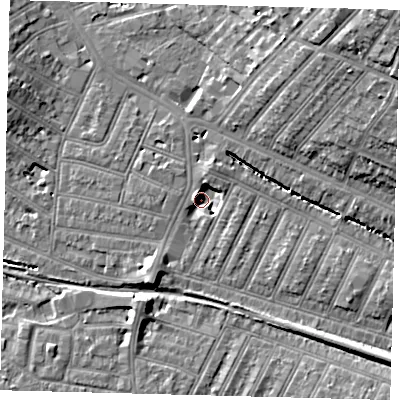 Shaded relief map of the ground around SW179JU, computed from Environment Agency LiDAR. The ground here sits at about 18 m above sea level and falls 23 m across the surrounding 800 m. Surface water reaching this point runs off ground lying to the north-west, 4.5 m higher.