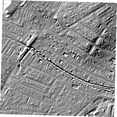 Shaded relief map of the ground around SW179LL, computed from Environment Agency LiDAR. The ground here sits at about 16 m above sea level and falls 12 m across the surrounding 800 m. Surface water reaching this point runs off ground lying to the east-north-east, 6.4 m higher.