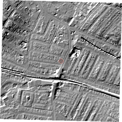 Shaded relief map of the ground around SW179NT, computed from Environment Agency LiDAR. The ground here sits at about 19 m above sea level and falls 19 m across the surrounding 800 m. Surface water reaching this point runs off ground lying to the east-south-east, 6.6 m higher.