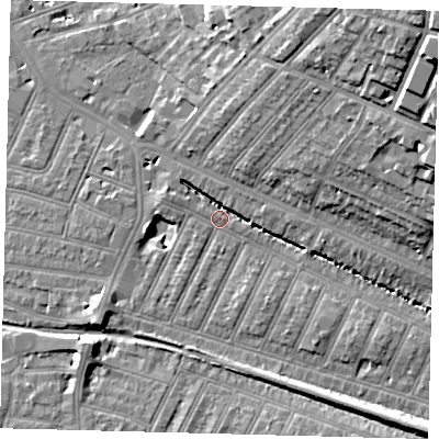 Shaded relief map of the ground around SW179QP, computed from Environment Agency LiDAR. The ground here sits at about 19 m above sea level and falls 25 m across the surrounding 800 m. Surface water reaching this point runs off ground lying to the south-east, 5.6 m higher.