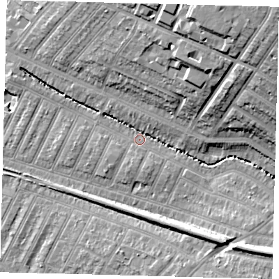 Shaded relief map of the ground around SW179QX, computed from Environment Agency LiDAR. The ground here sits at about 18 m above sea level and falls 25 m across the surrounding 800 m. Surface water reaching this point runs off ground lying to the north-east, 23.9 m higher.