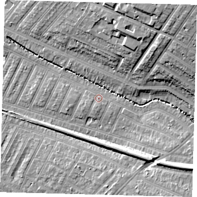 Shaded relief map of the ground around SW179QY, computed from Environment Agency LiDAR. The ground here sits at about 19 m above sea level and falls 24 m across the surrounding 800 m. Surface water reaching this point runs off ground lying to the north-east, 23.4 m higher.