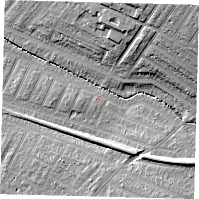Shaded relief map of the ground around SW179QZ, computed from Environment Agency LiDAR. The ground here sits at about 19 m above sea level and falls 24 m across the surrounding 800 m. Surface water reaching this point runs off ground lying to the south-south-west, 1.3 m higher.