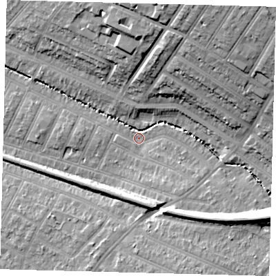 Shaded relief map of the ground around SW179RA, computed from Environment Agency LiDAR. The ground here sits at about 18 m above sea level and falls 24 m across the surrounding 800 m. Surface water reaching this point runs off ground lying to the north-east, 22.0 m higher.