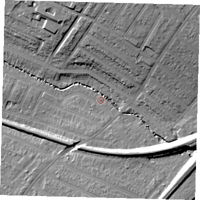 Shaded relief map of the ground around SW179RB, computed from Environment Agency LiDAR. The ground here sits at about 20 m above sea level and falls 23 m across the surrounding 800 m. Surface water reaching this point runs off ground lying to the north-north-east, 21.0 m higher.