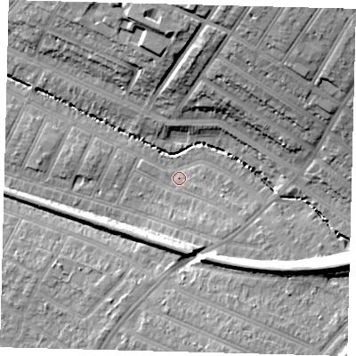 Shaded relief map of the ground around SW179RE, computed from Environment Agency LiDAR. The ground here sits at about 19 m above sea level and falls 23 m across the surrounding 800 m. Surface water reaching this point runs off ground lying to the south-east, 4.4 m higher.