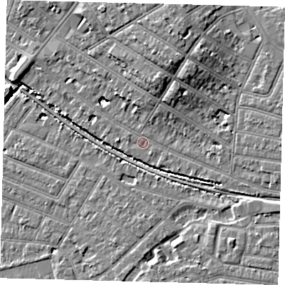 Shaded relief map of the ground around SW179XL, computed from Environment Agency LiDAR. The ground here sits at about 16 m above sea level and falls 11 m across the surrounding 800 m. Surface water reaching this point runs off ground lying to the north-north-east, 7.3 m higher.