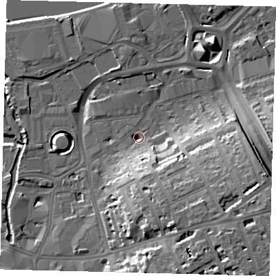 Shaded relief map of the ground around SW181AF, computed from Environment Agency LiDAR. The ground here sits at about 4 m above sea level and falls 28 m across the surrounding 800 m. Surface water reaching this point runs off ground lying to the south-south-east, 12.8 m higher.