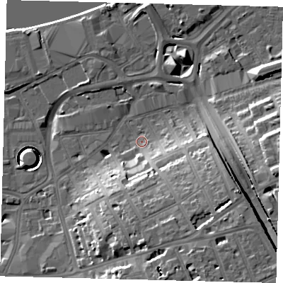 Shaded relief map of the ground around SW181AH, computed from Environment Agency LiDAR. The ground here sits at about 6 m above sea level and falls 27 m across the surrounding 800 m. Surface water reaching this point runs off ground lying to the south-south-east, 15.5 m higher.