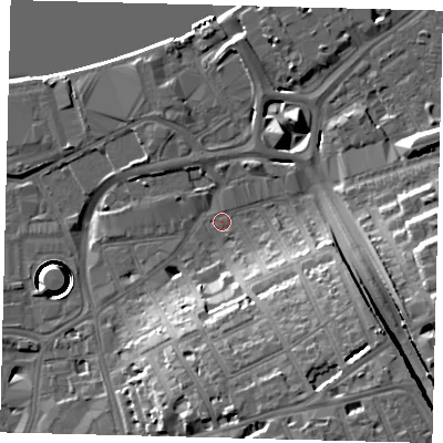 Shaded relief map of the ground around SW181AJ, computed from Environment Agency LiDAR. The ground here sits at about 5 m above sea level and falls 27 m across the surrounding 800 m. Surface water reaching this point runs off ground lying to the south-south-east, 17.9 m higher.