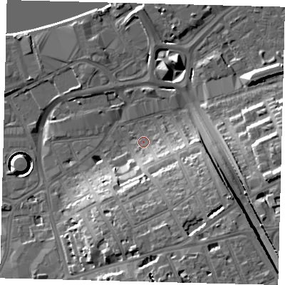 Shaded relief map of the ground around SW181AL, computed from Environment Agency LiDAR. The ground here sits at about 6 m above sea level and falls 27 m across the surrounding 800 m. Surface water reaching this point runs off ground lying to the south-south-east, 14.4 m higher.