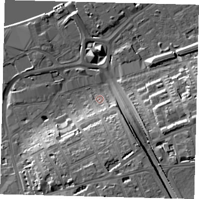 Shaded relief map of the ground around SW181AP, computed from Environment Agency LiDAR. The ground here sits at about 7 m above sea level and falls 21 m across the surrounding 800 m. Surface water reaching this point runs off ground lying to the south-south-east, 15.1 m higher.