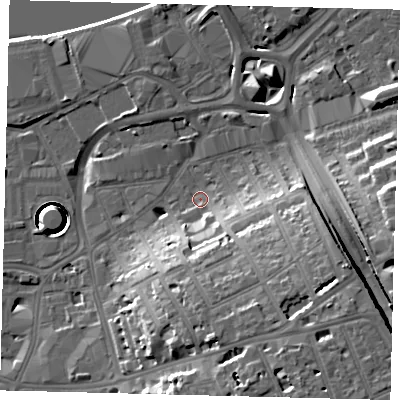 Shaded relief map of the ground around SW181AQ, computed from Environment Agency LiDAR. The ground here sits at about 6 m above sea level and falls 27 m across the surrounding 800 m. Surface water reaching this point runs off ground lying to the south-south-east, 15.9 m higher.