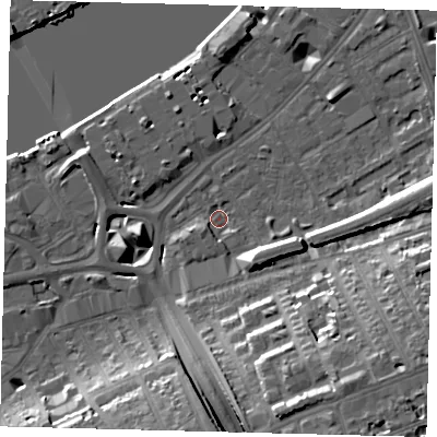 Shaded relief map of the ground around SW181AU, computed from Environment Agency LiDAR. The ground here sits at about 4 m above sea level and falls 20 m across the surrounding 800 m. Surface water reaching this point runs off ground lying to the south-east, 20.0 m higher.