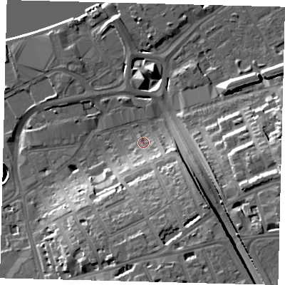 Shaded relief map of the ground around SW181AW, computed from Environment Agency LiDAR. The ground here sits at about 6 m above sea level and falls 26 m across the surrounding 800 m. Surface water reaching this point runs off ground lying to the south-south-east, 15.2 m higher.