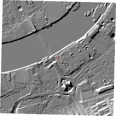Shaded relief map of the ground around SW181AY, computed from Environment Agency LiDAR. The ground here sits at about 6 m above sea level and falls 16 m across the surrounding 800 m. Surface water reaching this point runs off ground lying to the south-west, 4.8 m higher.