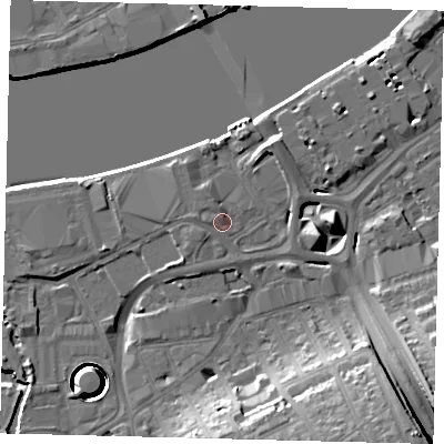 Shaded relief map of the ground around SW181AZ, computed from Environment Agency LiDAR. The ground here sits at about 6 m above sea level and falls 25 m across the surrounding 800 m. Surface water reaching this point runs off ground lying to the west, 1.8 m higher.