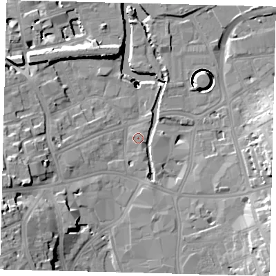 Shaded relief map of the ground around SW181BF, computed from Environment Agency LiDAR. The ground here sits at about 5 m above sea level and falls 40 m across the surrounding 800 m. Surface water reaching this point runs off ground lying to the south-west, 15.7 m higher.
