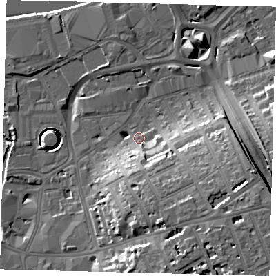 Shaded relief map of the ground around SW181BT, computed from Environment Agency LiDAR. The ground here sits at about 7 m above sea level and falls 28 m across the surrounding 800 m. Surface water reaching this point runs off ground lying to the south-east, 15.3 m higher.