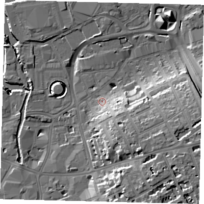 Shaded relief map of the ground around SW181BW, computed from Environment Agency LiDAR. The ground here sits at about 7 m above sea level and falls 43 m across the surrounding 800 m. Surface water reaching this point runs off ground lying to the south-east, 13.9 m higher.