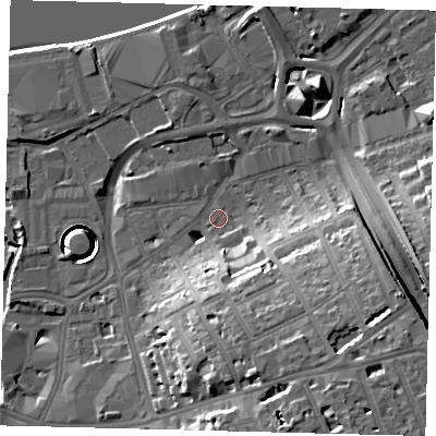 Shaded relief map of the ground around SW181BY, computed from Environment Agency LiDAR. The ground here sits at about 6 m above sea level and falls 27 m across the surrounding 800 m. Surface water reaching this point runs off ground lying to the south-east, 17.6 m higher.