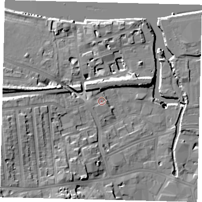 Shaded relief map of the ground around SW181DA, computed from Environment Agency LiDAR. The ground here sits at about 6 m above sea level and falls 40 m across the surrounding 800 m. Surface water reaching this point runs off ground lying to the south-west, 1.8 m higher.