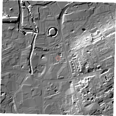 Shaded relief map of the ground around SW181DT, computed from Environment Agency LiDAR. The ground here sits at about 5 m above sea level and falls 42 m across the surrounding 800 m. Surface water reaching this point runs off ground lying to the east-south-east, 2.9 m higher.