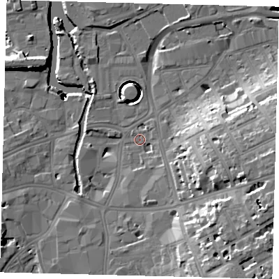 Shaded relief map of the ground around SW181DU, computed from Environment Agency LiDAR. The ground here sits at about 5 m above sea level and falls 42 m across the surrounding 800 m. Surface water reaching this point runs off ground lying to the south-east, 2.9 m higher.