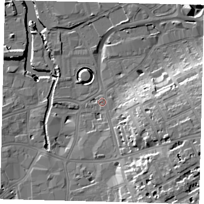 Shaded relief map of the ground around SW181DX, computed from Environment Agency LiDAR. The ground here sits at about 6 m above sea level and falls 42 m across the surrounding 800 m. Surface water reaching this point runs off ground lying to the east-south-east, 13.2 m higher.