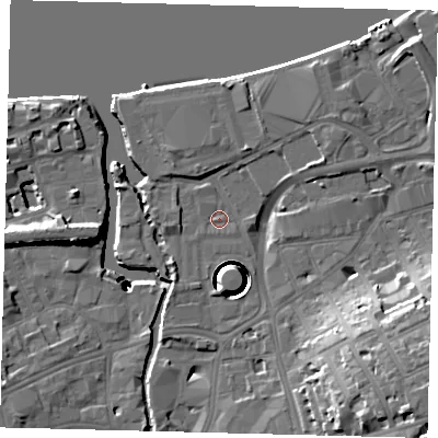 Shaded relief map of the ground around SW181EG, computed from Environment Agency LiDAR. The ground here sits at about 5 m above sea level and falls 40 m across the surrounding 800 m. Surface water reaching this point runs off ground lying to the south-west, 1.1 m higher.