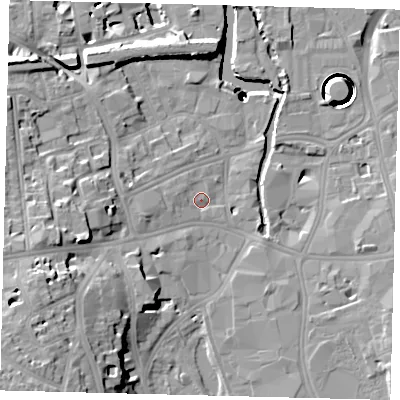 Shaded relief map of the ground around SW181EP, computed from Environment Agency LiDAR. The ground here sits at about 5 m above sea level and falls 42 m across the surrounding 800 m. Surface water reaching this point runs off ground lying to the west-north-west, 2.1 m higher.