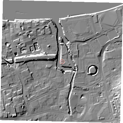 Shaded relief map of the ground around SW181ER, computed from Environment Agency LiDAR. The ground here sits at about 5 m above sea level and falls 35 m across the surrounding 800 m. Surface water reaching this point runs off ground lying to the south-west, 34.9 m higher.