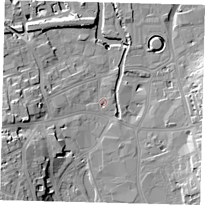 Shaded relief map of the ground around SW181ES, computed from Environment Agency LiDAR. The ground here sits at about 5 m above sea level and falls 41 m across the surrounding 800 m. Surface water reaching this point runs off ground lying to the south-west, 15.7 m higher.