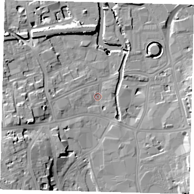 Shaded relief map of the ground around SW181ET, computed from Environment Agency LiDAR. The ground here sits at about 4 m above sea level and falls 41 m across the surrounding 800 m. Surface water reaching this point runs off ground lying to the south-west, 16.8 m higher.