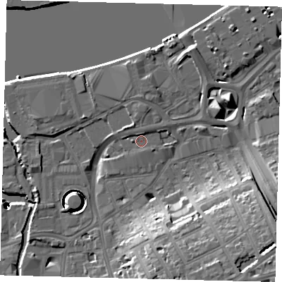 Shaded relief map of the ground around SW181EU, computed from Environment Agency LiDAR. The ground here sits at about 6 m above sea level and falls 41 m across the surrounding 800 m. Surface water reaching this point runs off ground lying to the west, 0.7 m higher.