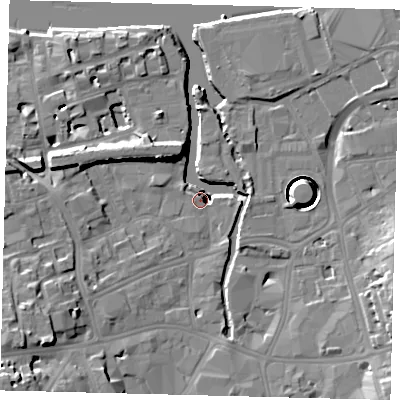 Shaded relief map of the ground around SW181EY, computed from Environment Agency LiDAR. The ground here sits at about 5 m above sea level and falls 37 m across the surrounding 800 m. Surface water reaching this point runs off ground lying to the south-west, 37.2 m higher.
