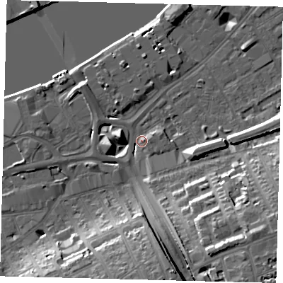 Shaded relief map of the ground around SW181GR, computed from Environment Agency LiDAR. The ground here sits at about 6 m above sea level and falls 21 m across the surrounding 800 m. Surface water reaching this point runs off ground lying to the south-east, 20.4 m higher.