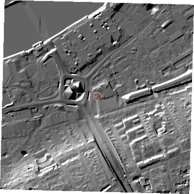 Shaded relief map of the ground around SW181GS, computed from Environment Agency LiDAR. The ground here sits at about 6 m above sea level and falls 21 m across the surrounding 800 m. Surface water reaching this point runs off ground lying to the south-east, 19.1 m higher.