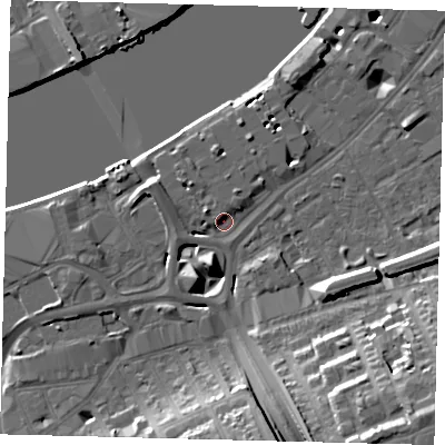 Shaded relief map of the ground around SW181GY, computed from Environment Agency LiDAR. The ground here sits at about 5 m above sea level and falls 20 m across the surrounding 800 m. Surface water reaching this point runs off ground lying to the south-south-west, 6.3 m higher.